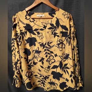 Yellow and black long sleeve floral print top blouse size large